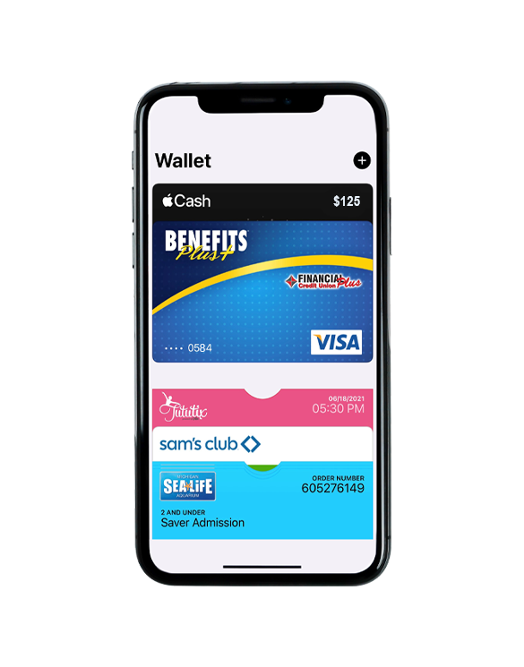 Financial Plus Credit Union Benefits Plus debit card used in iPhone's digital wallet